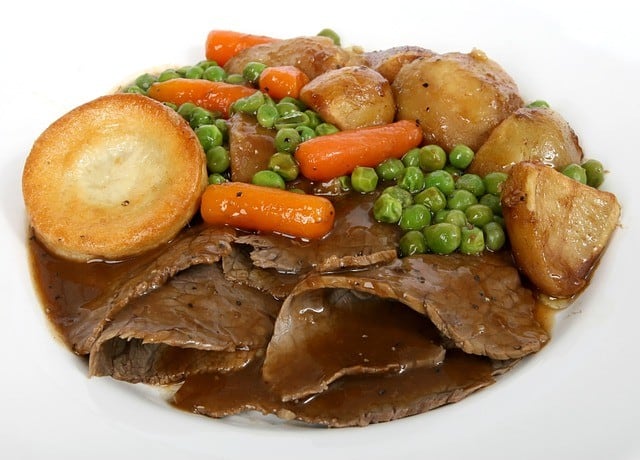 Roast dinner with beef and Yorkshire pudding